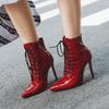 Модные женские сапоги, сексуальные тисненые лакированные кожаные сапоги на высоком каблуке, красные женские сапоги с острым носком, ботильоны на шпильках, женская обувь 10 см