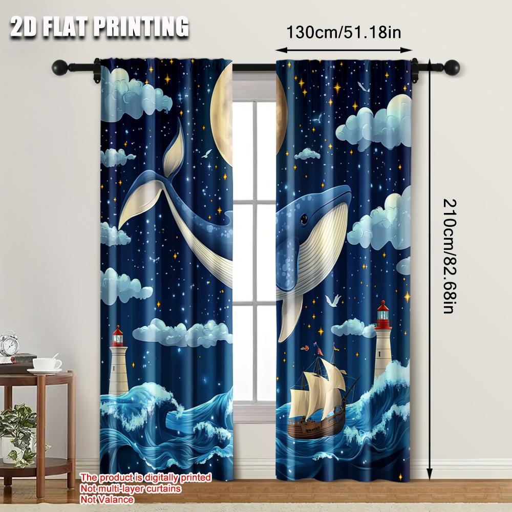 2pcs, plane printing Minimalist Curtains Watercolor Whale Polyester (without rod) Outdoor Decorations Ldeal for Bedroom &