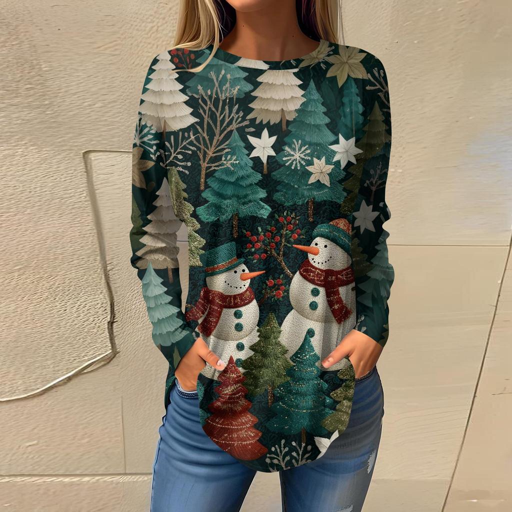 Женские футболки Повседневные футболки с круглым вырезом и длинным рукавом Рождественский принт Топ-пуловер