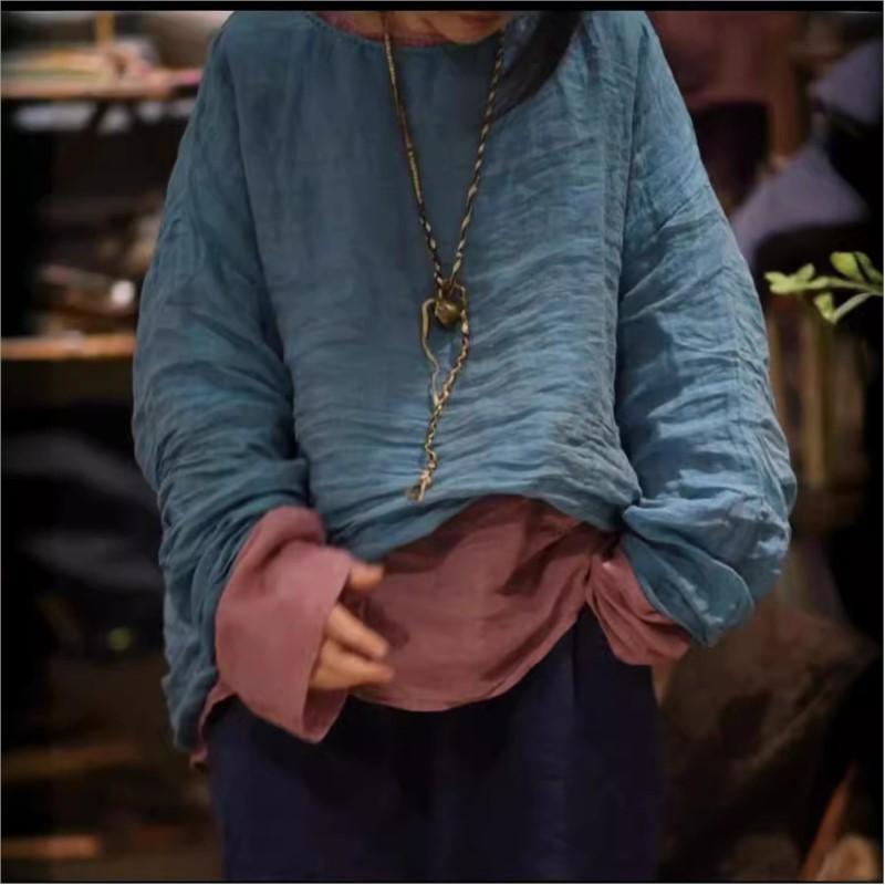 Johnature Модная винтажная однотонная свободная повседневная футболка женская весенняя футболка в китайском стиле с круглым вырезом и длинными рукавами