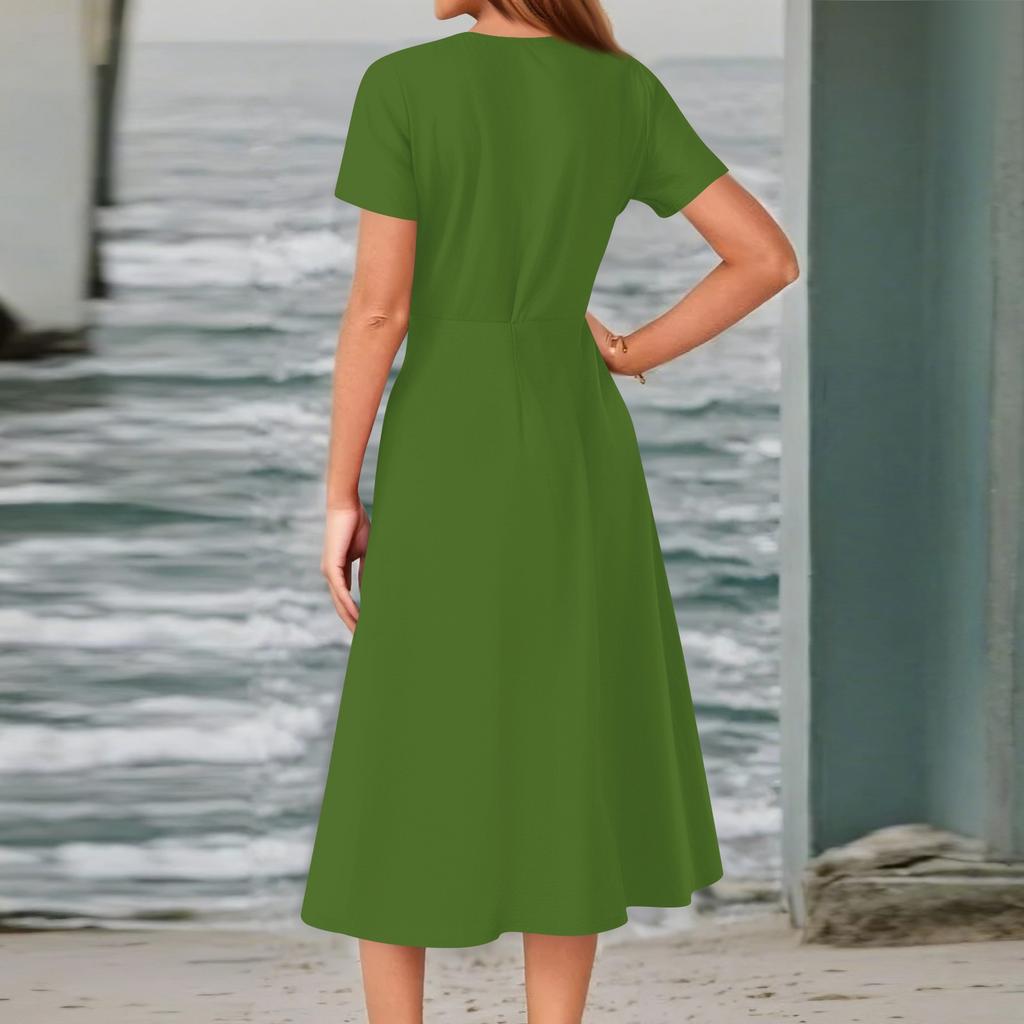 Women's Summer Casual Fashion Print Pocket Short Sleeve V-Neck Swing Dress