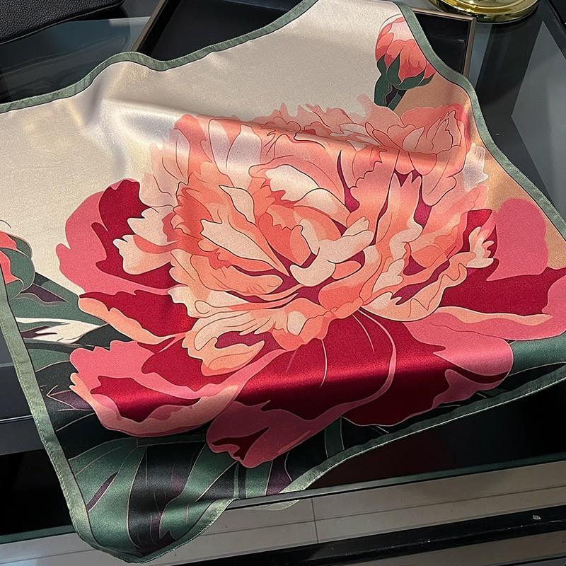 100% Silk Square Scarf Women Lightweight Floral Print Accessory 53x53cm Pink Peony Design