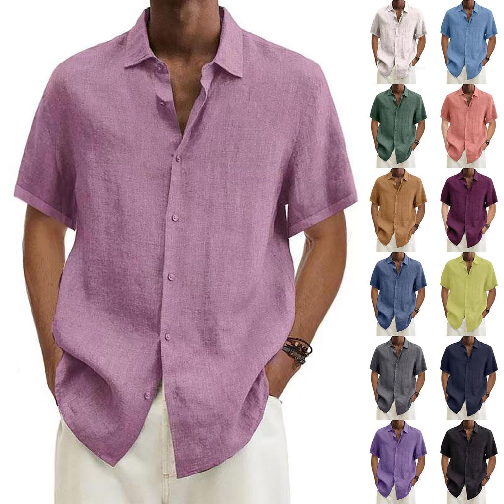 Designer Spring Summer Men's Casual Cotton Linen Solid Color Short Sleeve Shirts Loose Shirts