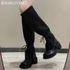Winter Chunky Women High Boots Lace Up Mid Heels Fashion Shoes 2025 Trend Knee High Designer Pumps Goth Motorcycle Botas Mujer