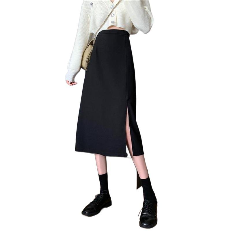 2021 Plus Size High Waist A-Line Midi Skirt - Black Slimming Bodycon with Slit