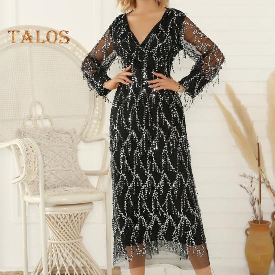 Женское вечернее платье с пайетками, кисточками, V-образным вырезом, длинными рукавами, А-силуэтом, плиссированным двухслойным платьем с тонкой талией и регулируемыми бретелями для свадебного коктейля