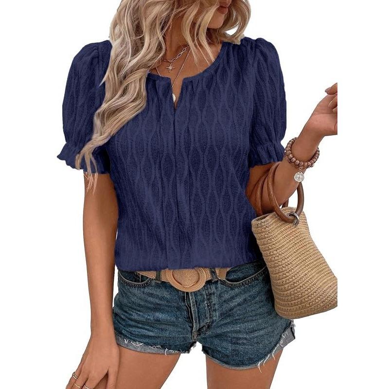 Женская футболка весна-лето с V-образным вырезом и рукавами-фонариками из жаккарда для отдыха, свободная, с короткими рукавами