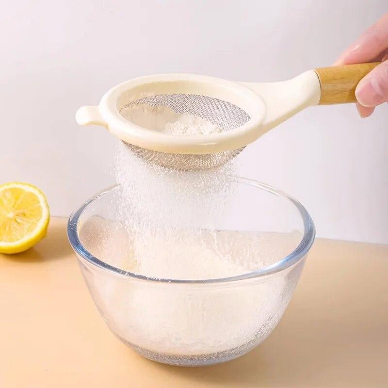 Stainless Steel Flour Sieve Sugar Powder Juice Soybean Milk Foam Filter Fine Screen Wooden Handle Household Kitchen Baking Tools