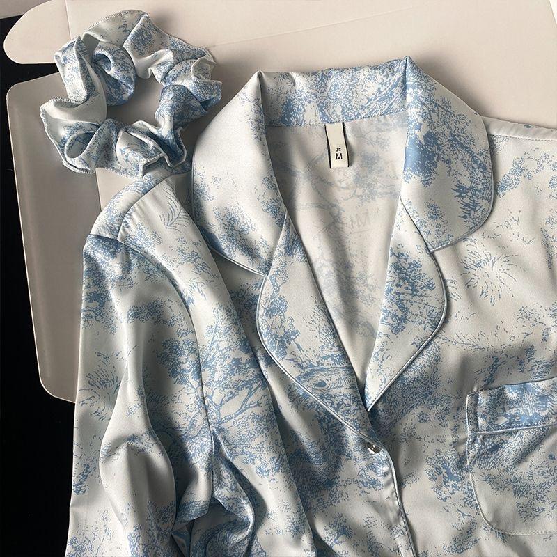 Весенние новые кардиганы с пуговицами на лацканах, комплекты для отдыха для женщин, 2 предмета, пижамы из ледяного шелка для женщин, модная одежда для сна с принтом для женщин