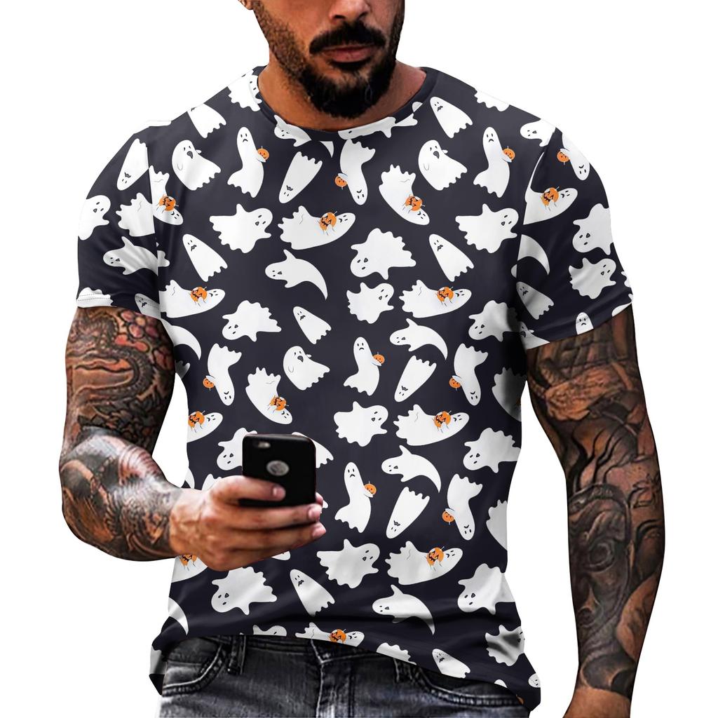 Halloween T Shirt Men's Casual Round Neck Blood Splatter Pattern Tops Horror Bloody Printed Short Sleeve Tops