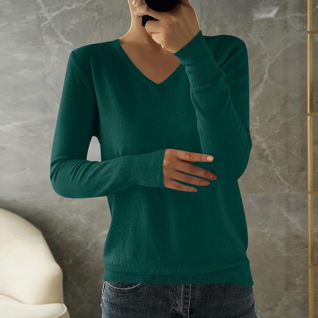 Women's Fashion Loose Knit Sweater Bottom Shirt V-Neck Pullover Long Sleeve Solid Color Top