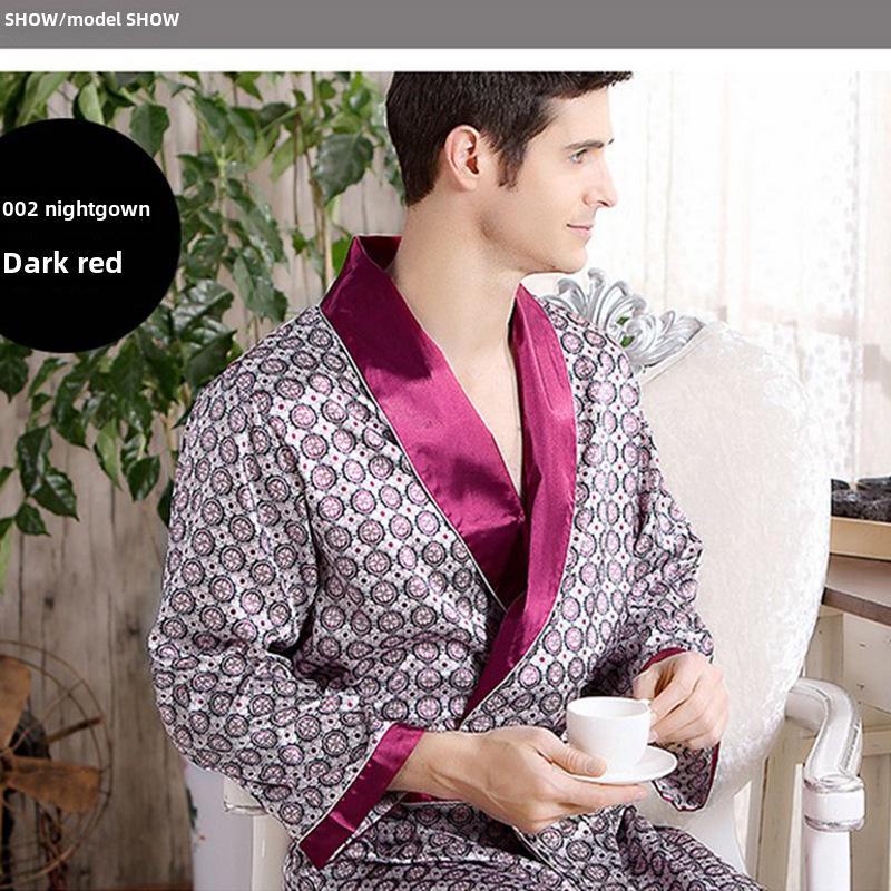 Men's Plus Size Long-Sleeve Silk-Like Summer Robe and Pajamas
