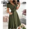 Женская мода лето весна сплошной цвет печати короткий рукав V-образным вырезом повседневные платья