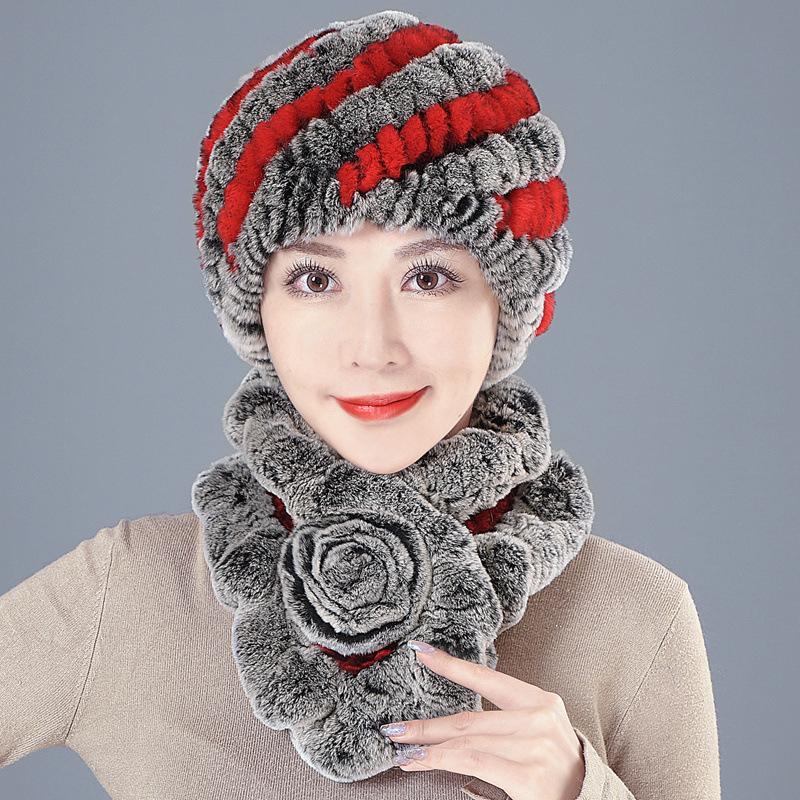 Middle-aged Rex Rabbit Hair Hat Female Autumn and Winter Warm Elderly Grandmother Ear Protection Fur Mother Wool Scarf