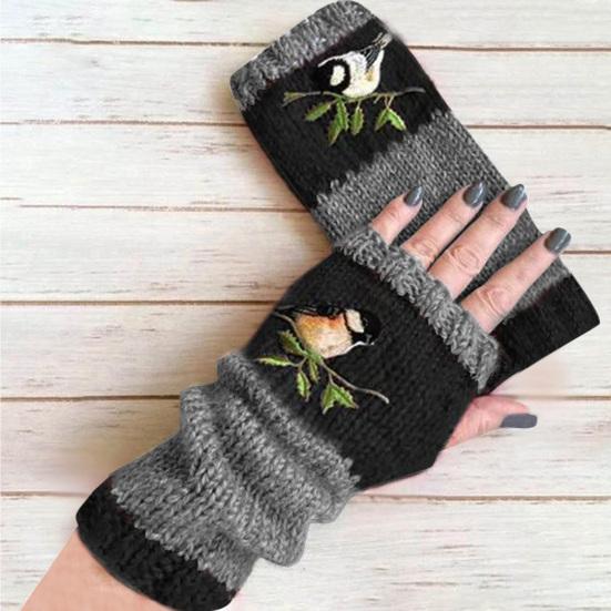 1 Pair Extended Wrist Stretchy Women Gloves Comfy Embroidery Bird Crochet Fingerless Gloves Wrist Warmers Gloves KTB