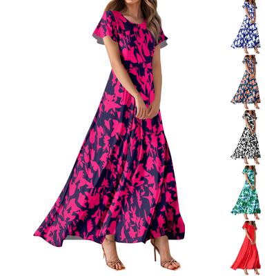 Женское повседневное платье с круглым вырезом и коротким рукавом в стиле бохо с принтом и высокой талией, элегантное платье