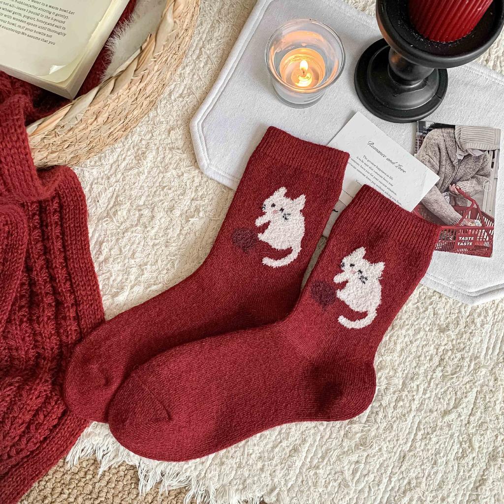 New Year'S Red Socks Cartoon Animation Tube Socks Season Wool Socks Thickened Warm Trend Versatile Socks