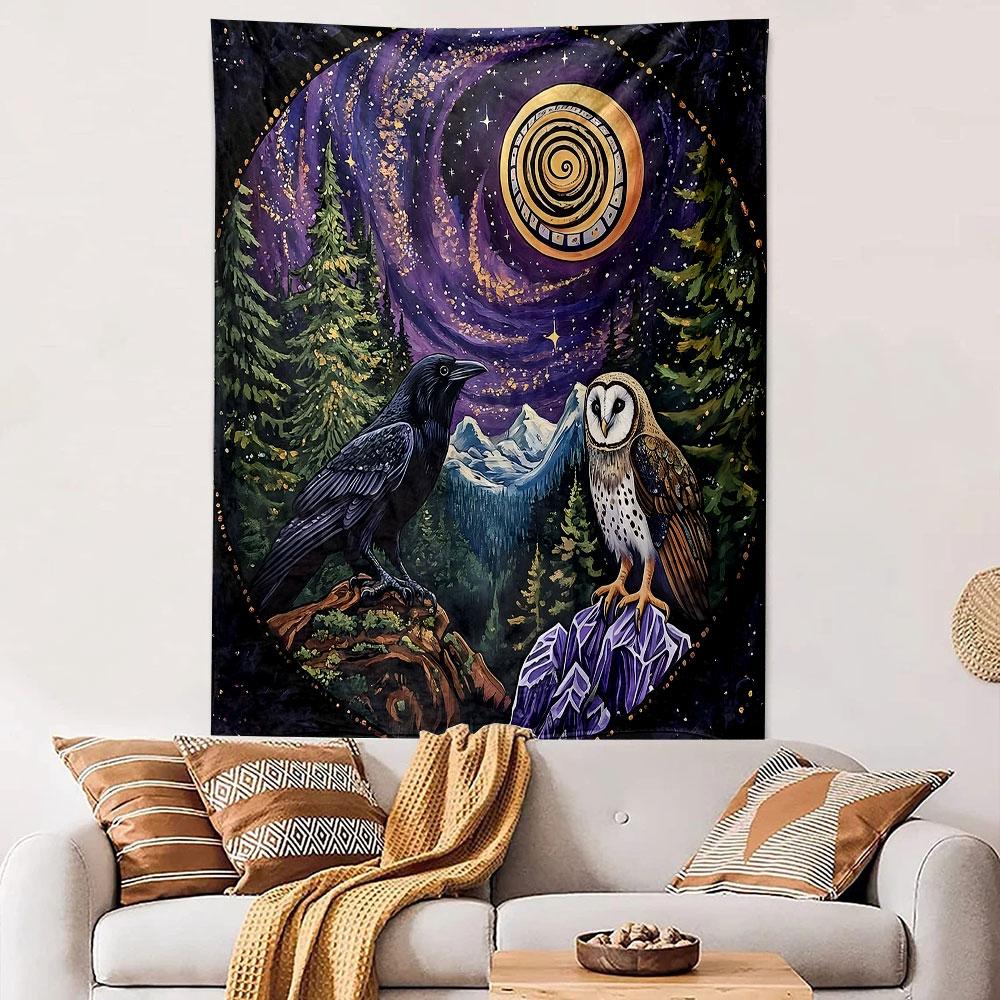 "Raven and Owl Under Cosmic Spiral" Patterned tapestry home decor, suitable for bedroom and living room, gift
