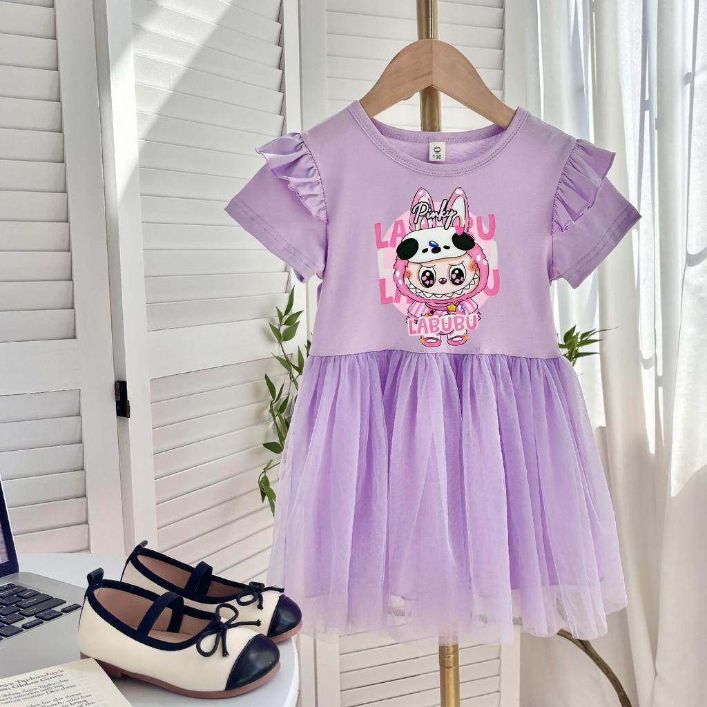 Принцесса Тюлевое Платье для Девочек, Детские Летящие Рукава, Короткие Рукава, Цельное Платье на Лето