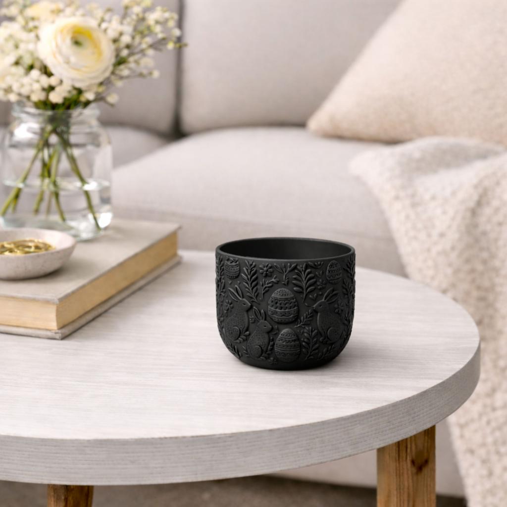 Easter flowerpot black with rabbits, decorative spring cover