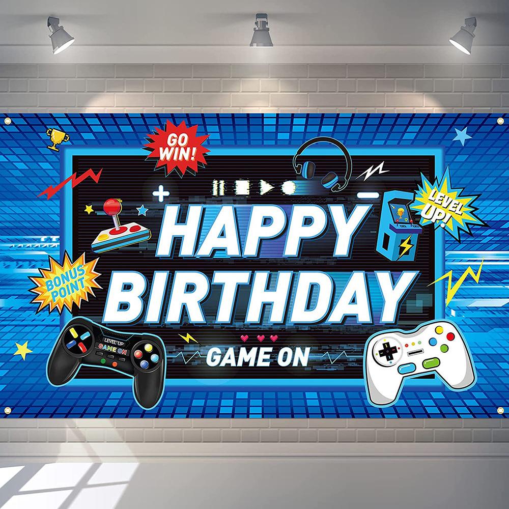 New electronic game-themed birthday celebration banner for party decoration background