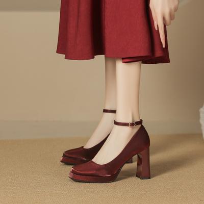 -1 Замшевые туфли Мэри Джейн для женщин и женщин, новые зимние, с квадратным носком, на толстом каблуке, одинарные туфли, водонепроницаемые, на высоком каблуке для женщин