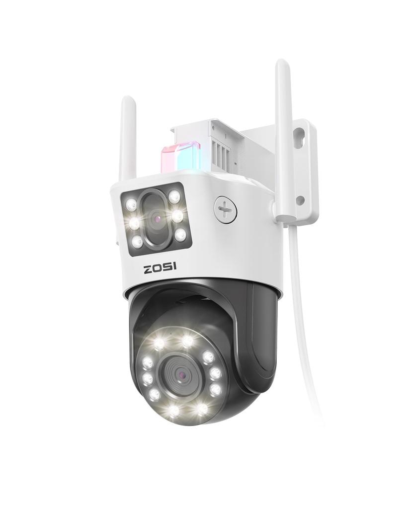 ZOSI Dual Lens WiFi Security Camera Outdoor Indoor 8x Hybrid Zoom CCTV Camera Dual View WiFi Camera Detection Feature Spotlight Siren Color Night