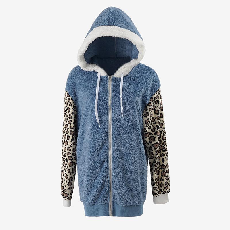 New leopard print jacket 2026 European, American autumn and winter color matching loose cardigan hairy hooded jacket women