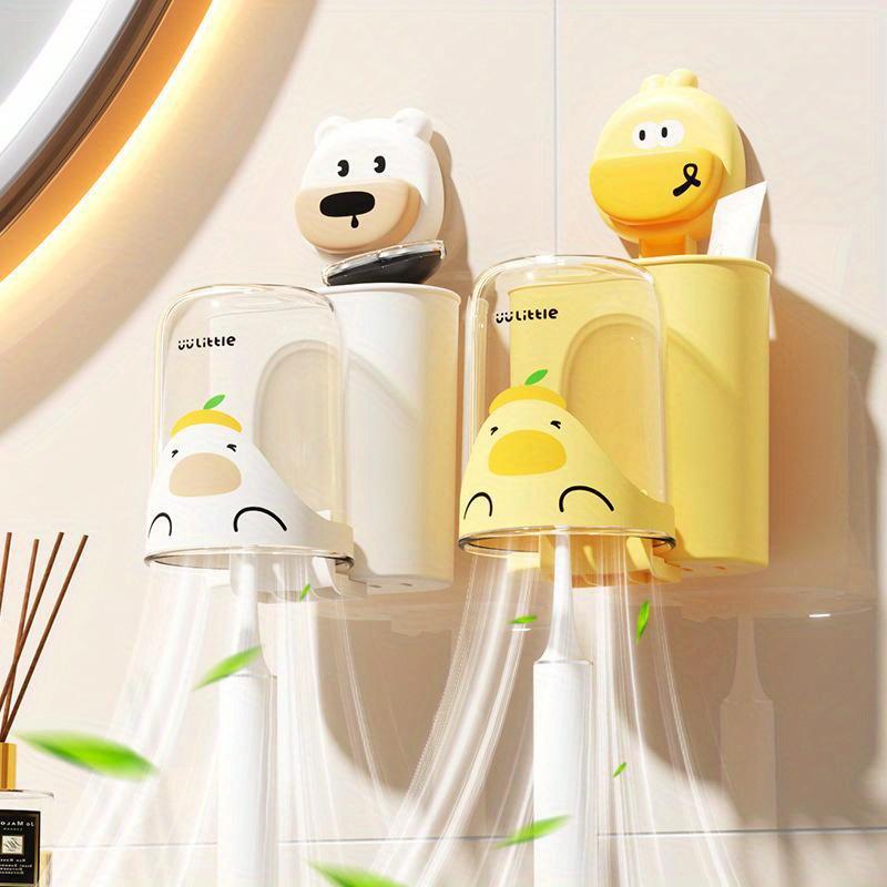 Cartoon Suction Cup Toothbrush Storage Rack, No Punching Wall Mounted Toothpaste Cup Holder, Bathroom Mouthwash Cup, Cute