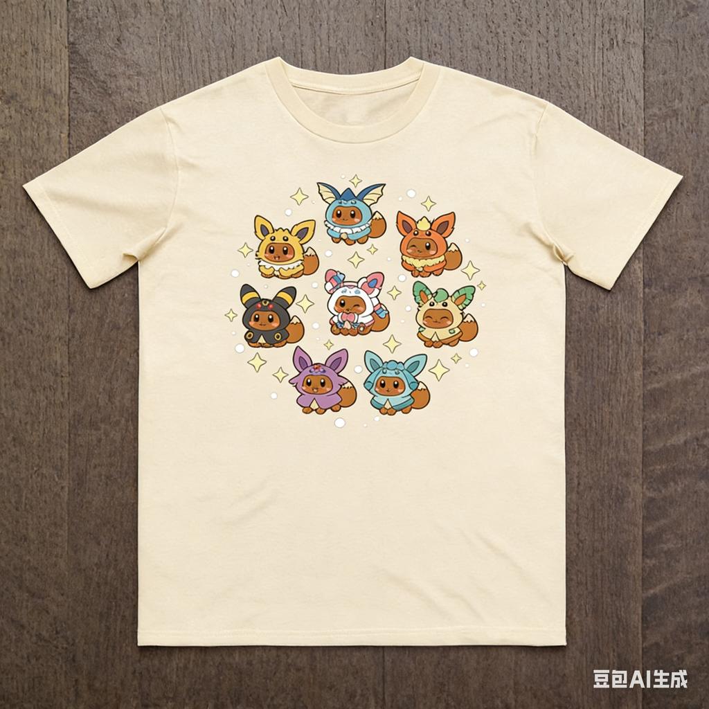 2026 Summer Eevee Retro Cosplay Tshirt Unisexs Oversize Casual Cotton Printed Shortsleeved Unisex Childrens Sports Shirt