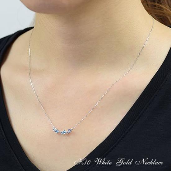 Колье-линия из белого золота 10 карат с синими и камнями-талисманами для и Ma564 [Четырехлистный клевер] Аквамарин, Топаз, Танзанит, Март, Ноябрь, Декабрь