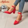 Fashion Aphixta Crystals Buckle Pimp Strap Patent Leather 7cm Chunky Heels Official Pumps 2cm Belt Buckle Pointed Toe Women Shoes