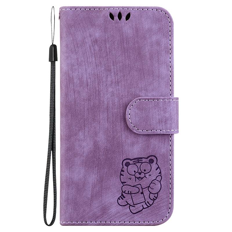 Skin Feel Embossed Cartoon Tiger Wallet Case for iPhone Samsung Xiaomi Huawei Google Hand-strap Flip Cover Full-body Protective Case