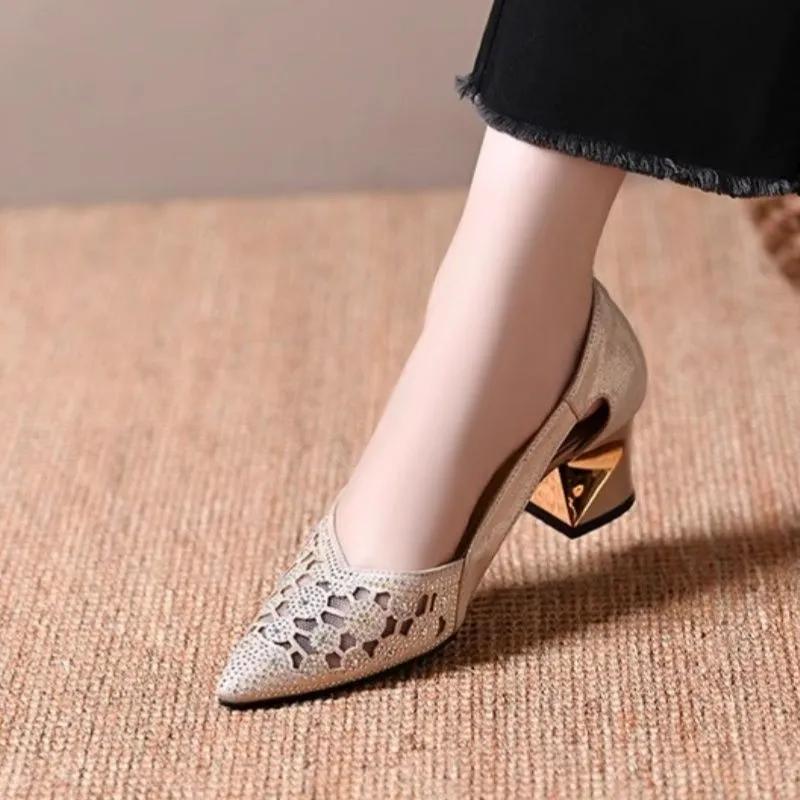 Women Cute Sweet Beige Spring & Summer Hollow Out Breathable Slip On Square Heel Shoes Lady Casual Sexy Pumps Ab674