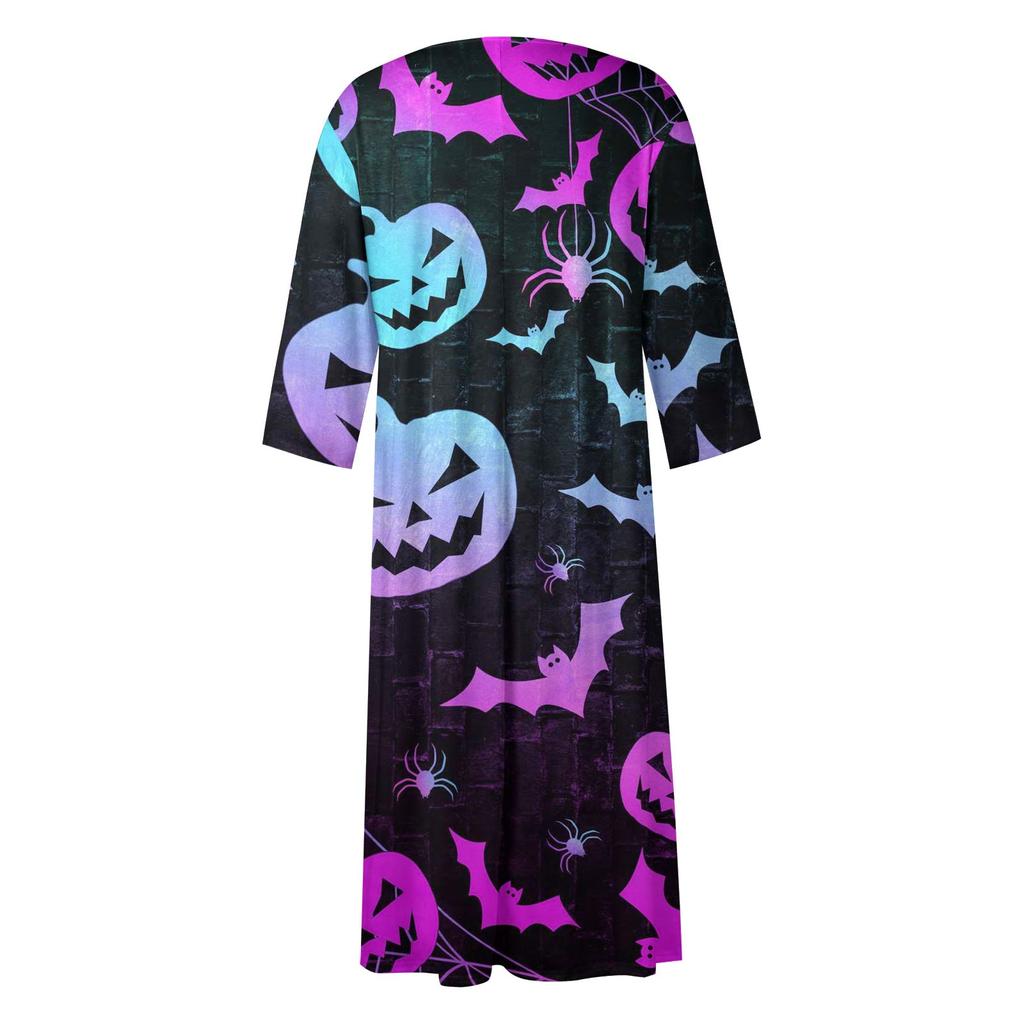 Женское повседневное платье с круглым вырезом и длинными рукавами с принтом на Хэллоуин и карманами