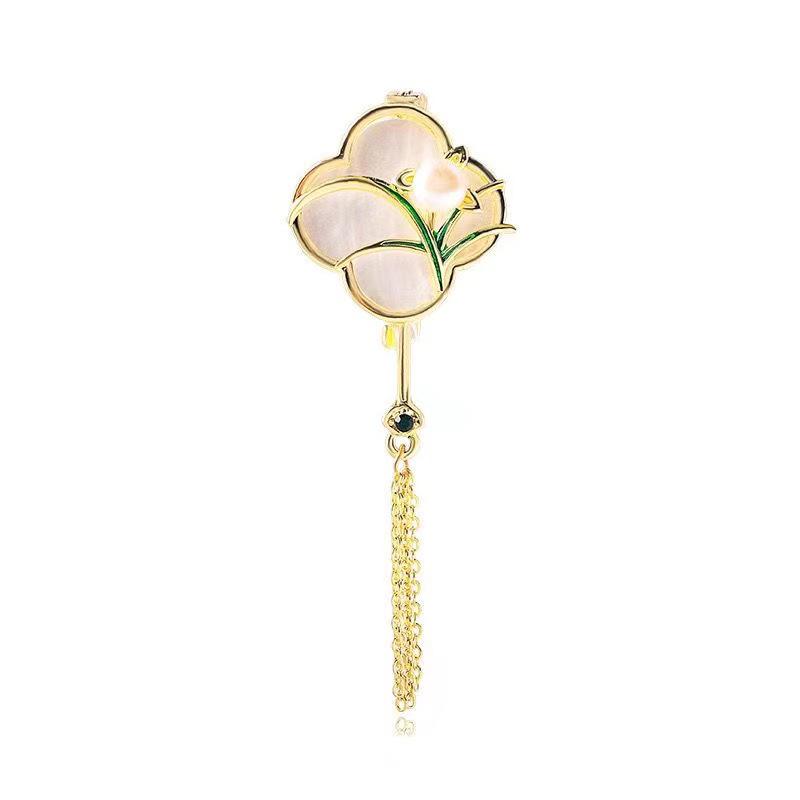 Chinese Style Natural Seashell Tassel Fan Brooch with Plum, Orchid, Bamboo, Chrysanthemum, Pearl Corsage, and Empty Setting