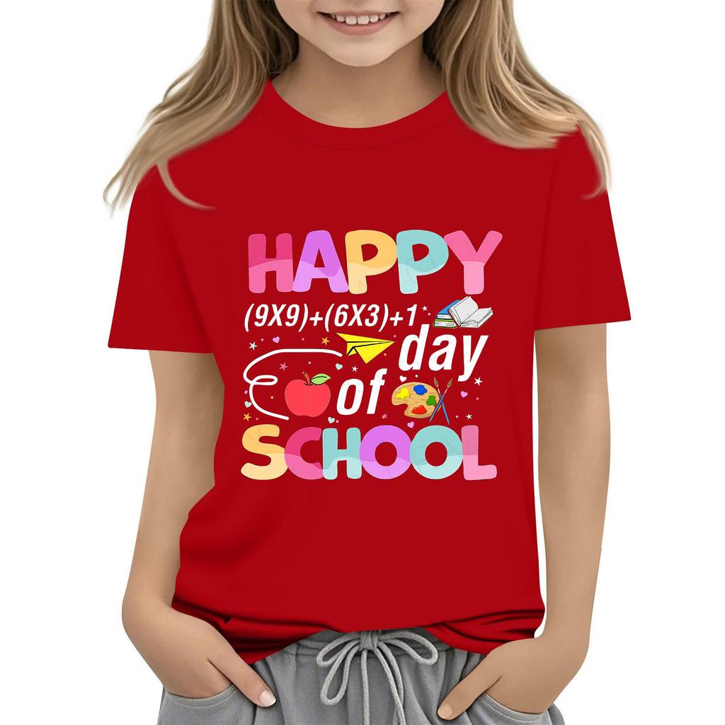 Kids Fashion Casual Short Sleeve 100 Day School Anniversary Printed Round Neck T-Shirt Top