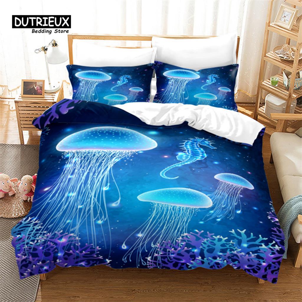 Fish Sea Turtle Duvet Cover Jellyfish Seashell Starfish Bedding Set Microfiber Marine Theme Quilt Cover Twin Full For Kids Adult