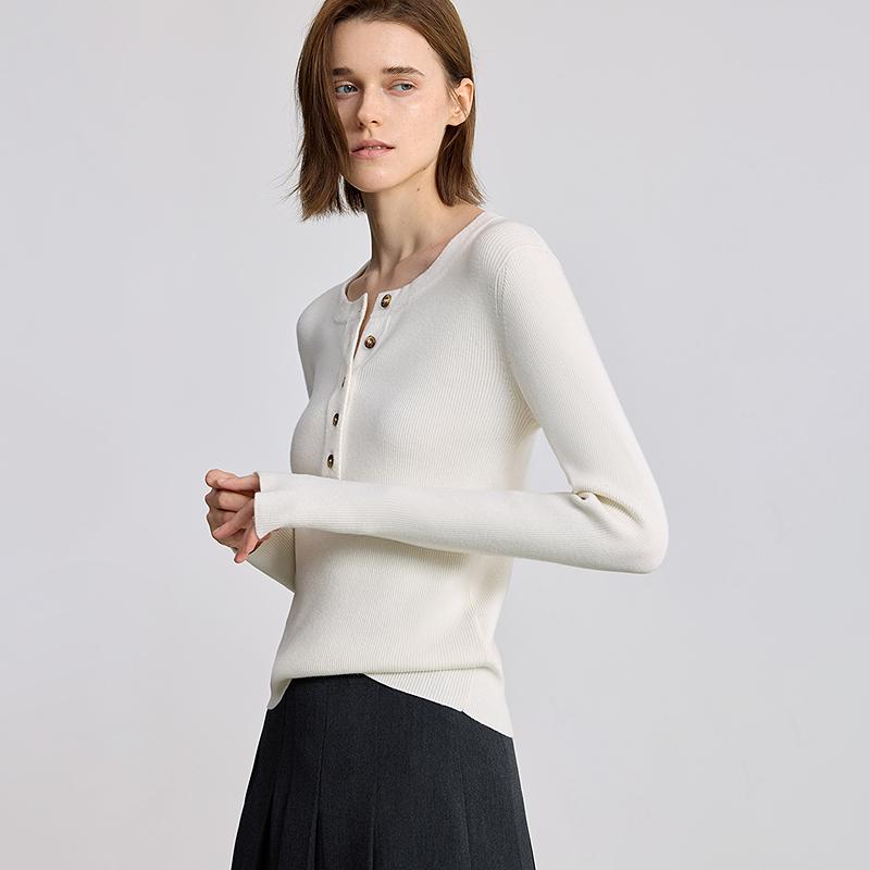 LILY Half Open Rice White Knitted Shirt for Women