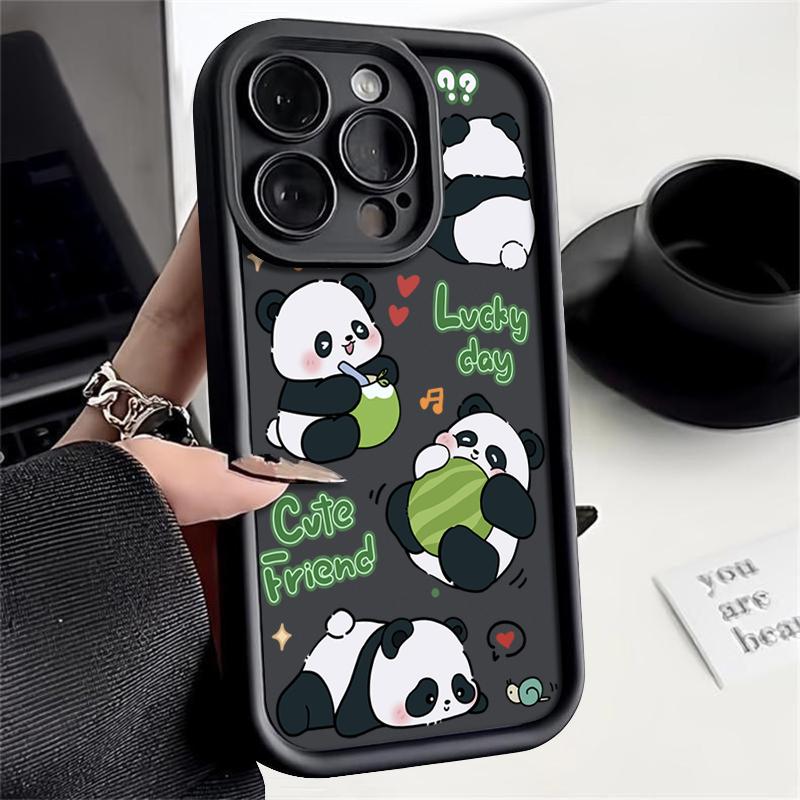 Lucky Panda Pattern Solid Color Shell для iPhone 16 Pro 15 14 Plus 13 12 Pro Max 11 Xs Xr 8 7 Ударопрочный мягкий TPU защитный чехол для объектива от падений
