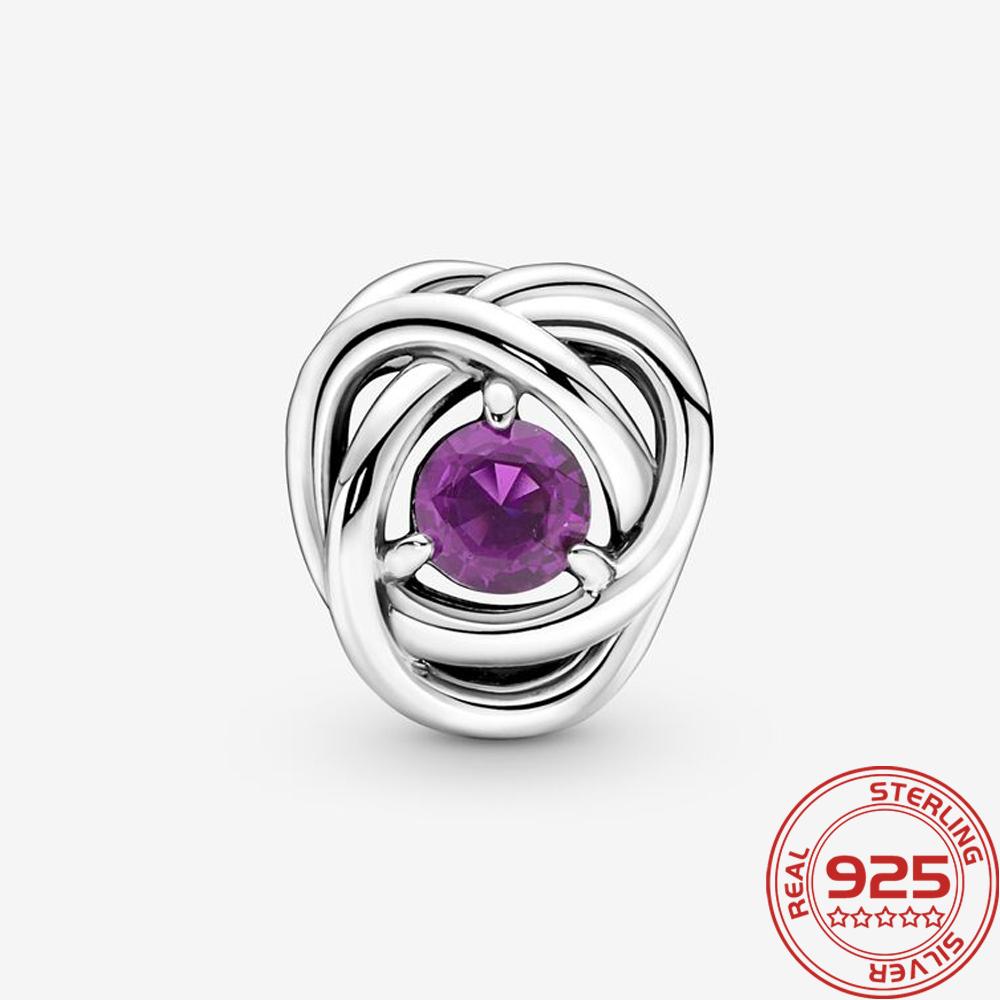 Роскошный серебряный 925 пробы февральский фиолетовый камень рождения вечность круг шарм подходит модный браслет 925 пробы серебряный шарм модные ювелирные изделия для девочек