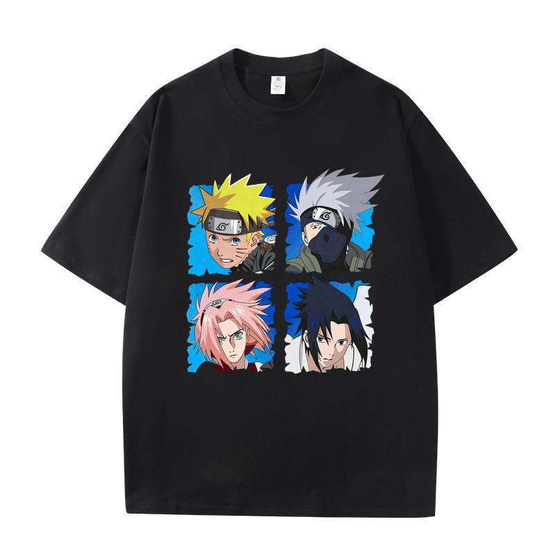 Naruto Four Panel Characters Cotton T-Shirt, Boys Girls Harajuku Streetwear Anime Short Sleeve Tee, Retro Casual Children Top