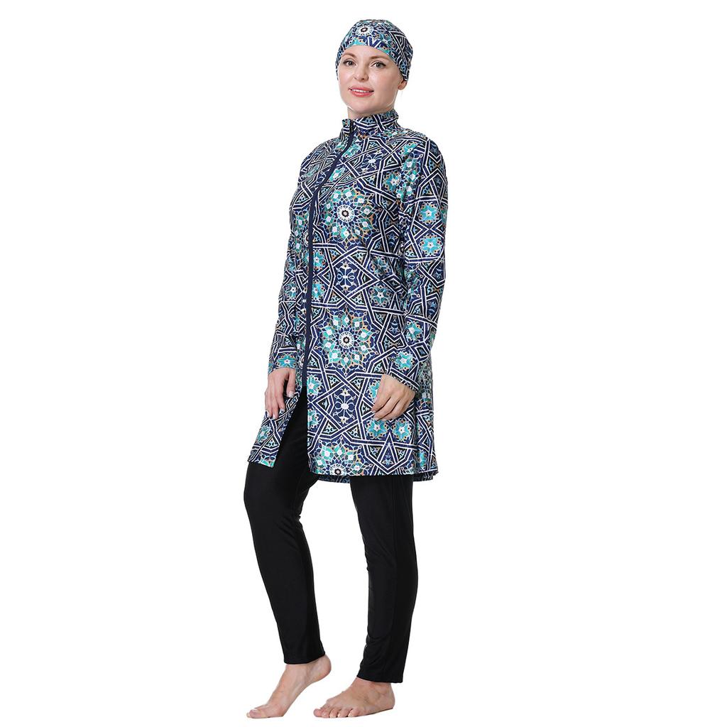 3XL-8XL Women Muslim Muslimah Swimwear Full Coverage Flower Patterned Zippered Women Swimming Suit Comfortable Highly Elastic 3 Pieces Beachwear
