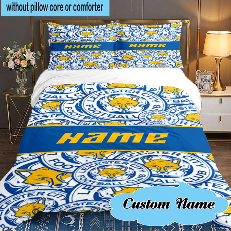 Custom Name Leicester FC Crest Bedding Set 3pcs, Bedding Set Including 1pc Duvet Cover And 2pcs Pillowcases for Bedroom, Dormitory Gift