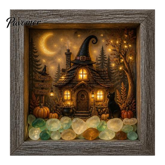 Ручная работа, Декор комнаты на Хэллоуин, Набор для создания DIY Shadow Box (Световой ящик), Ночник, Деревянная рама 8,5 дюймов, Набор для творчества со светодиодами, Проекты для осеннего декора дома, Светящиеся камни