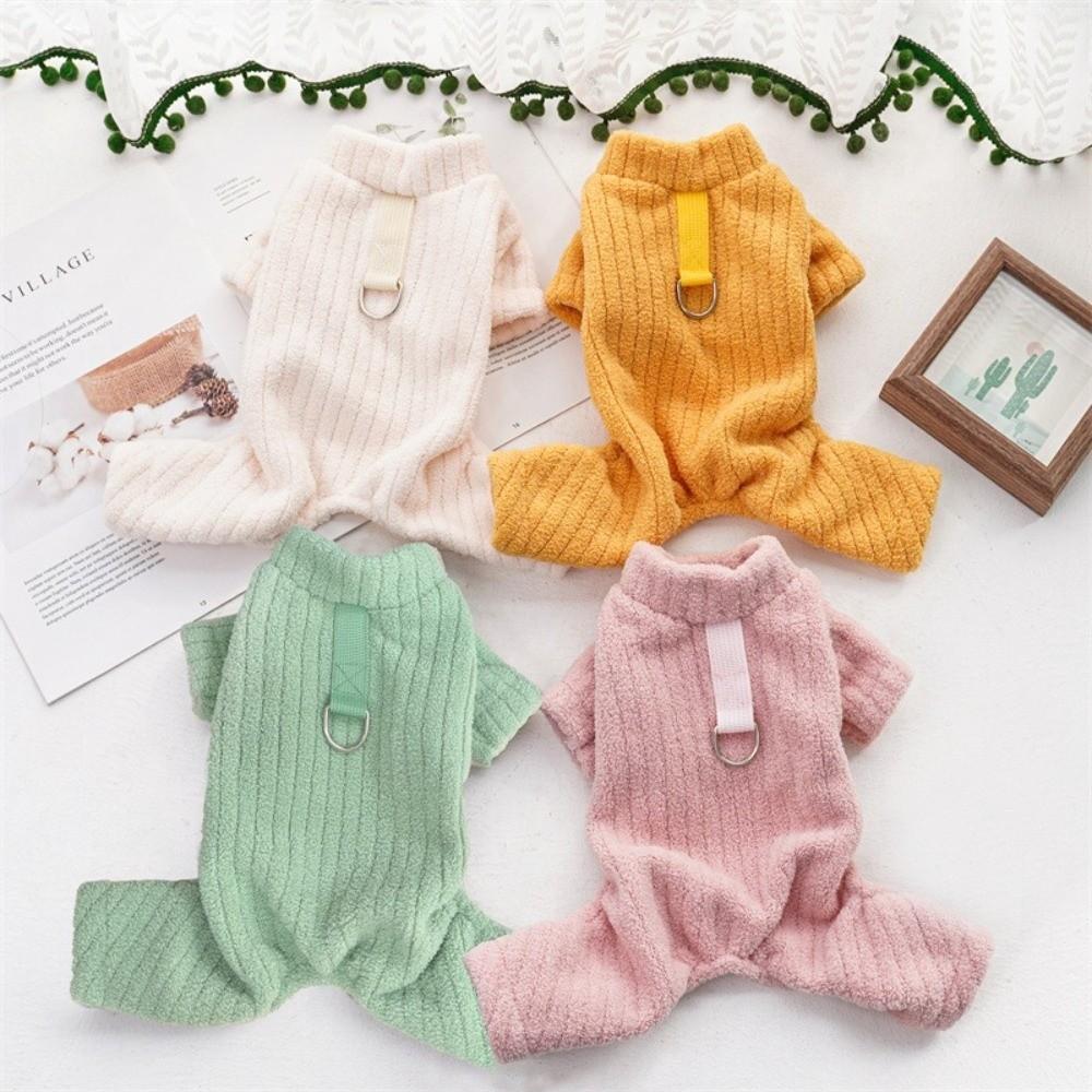 Cute Flannel Plushie Dog Hoodie Soft Warm 4 Feet Dog Overalls Strips Pattern Solid Color Cat Jumpsuit For Chihuahua