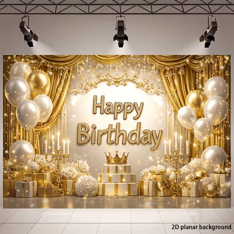 2D Royal Gold Happy Birthday Backdrop Banner Photography Background for Adult Party