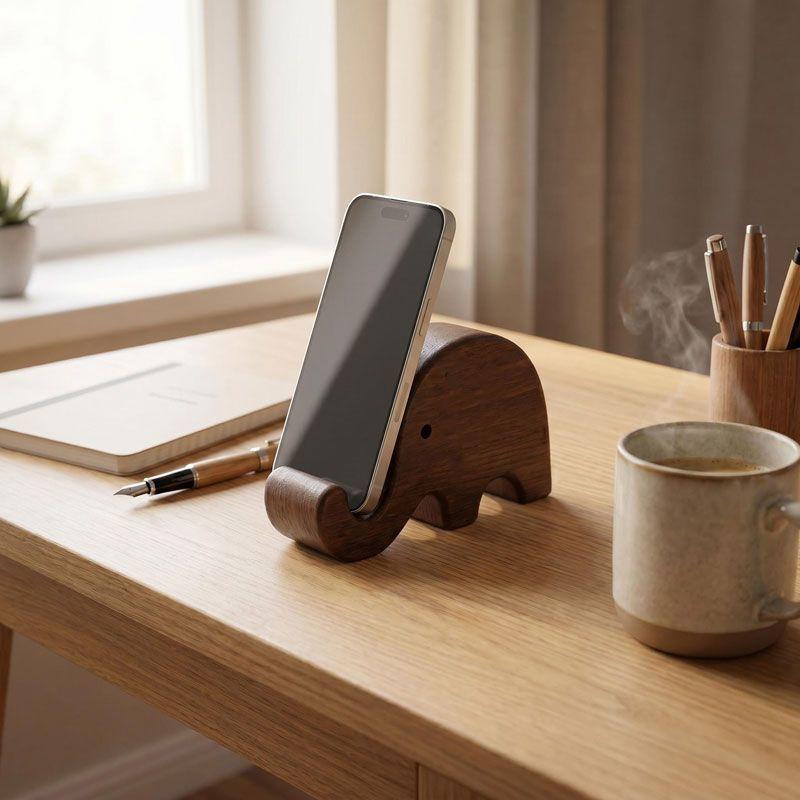 Wooden Elephant Phone Stand Cute Minimalist Desktop Portable Holder Cellphone