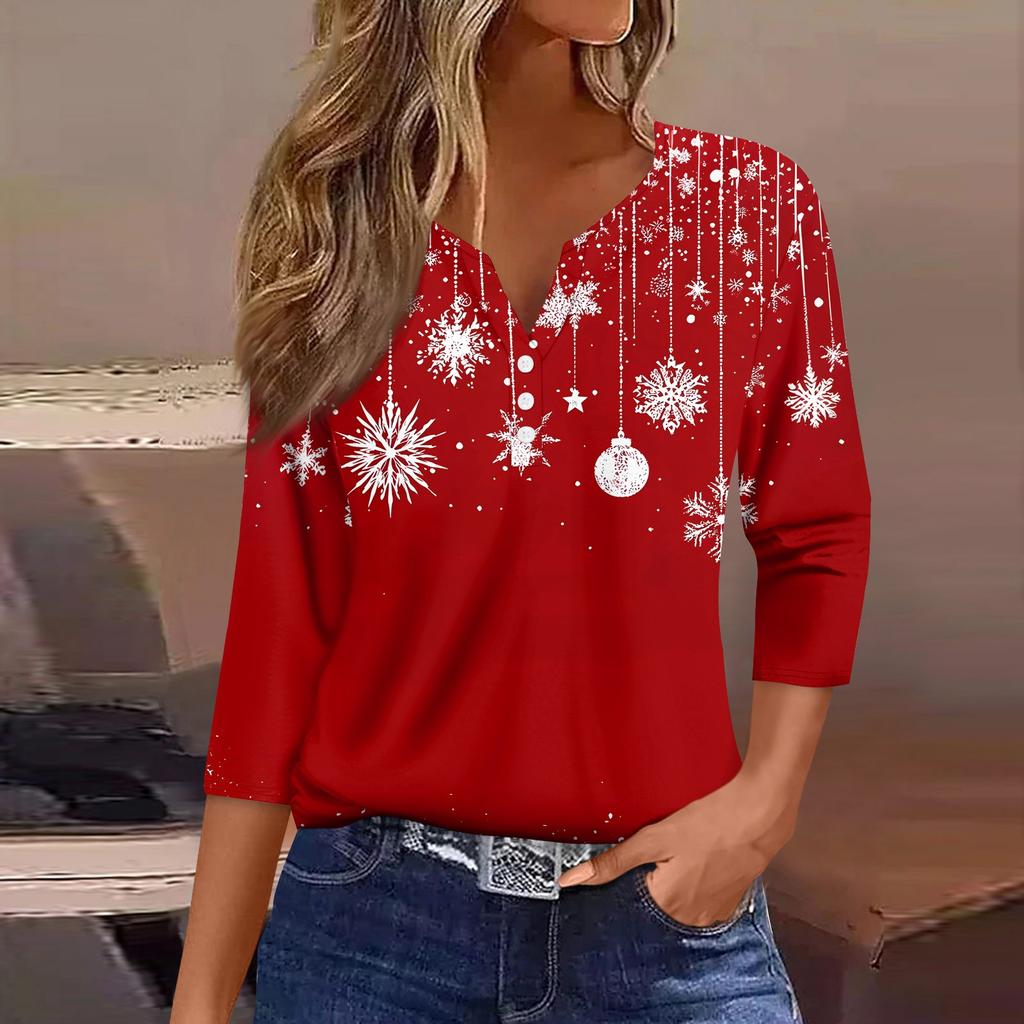Women's T Shirt Christmas Print Button 3/4 Sleeve Daily Weekend Fashion Basic V- Neck Regular Top