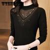 Осенне-зимняя женская футболка больших размеров с высоким воротником, модная тонкая универсальная рубашка с бриллиантами